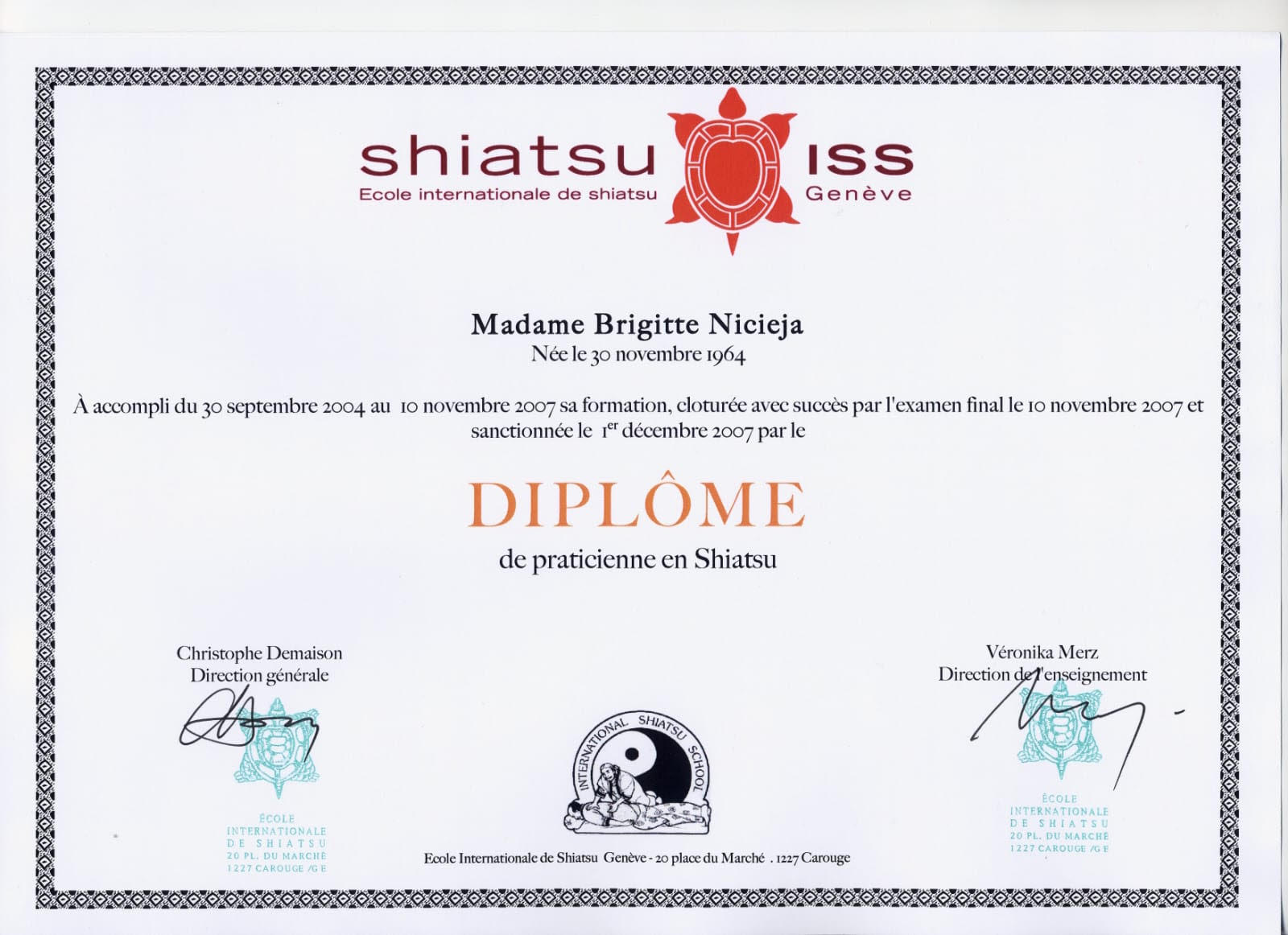 Diplôme de praticienne en Shiatsu – Brigitte Nicieja